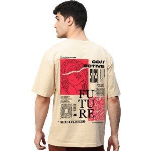 Printsflix Future Beige Graphic Printed Pure Cotton Round Neck Drop shoulder Baggy Fit Oversized Tshirt For Men/Women/Kids/Adults