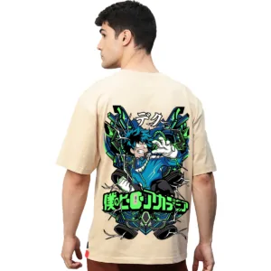 My Hero Academia Anime Beige Printed Pure Cotton Round Neck Drop shoulder Baggy Fit Oversized Tshirt Unisex