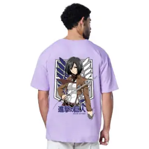 Printsflix Attack On Titan Printed Drop Shoulder Pure Cotton Round Neck Lavender Oversized Tshirt - For Men/Women/Kids
