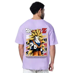 Printsflix Dragon Ball Z Printed Drop Shoulder Pure Cotton Round Neck Lavender Oversized Tshirt - For Men/Women/Kids