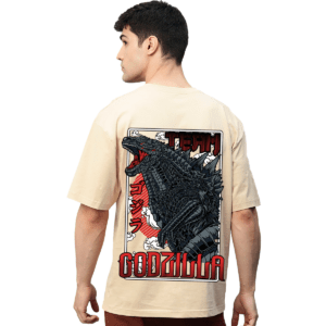 Godzilla Beige Printed Pure Cotton Round Neck Drop shoulder Baggy Fit Oversized Tshirt Unisex