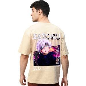 Printsflix Gojo Satoru Beige Graphic Anime Printed Pure Cotton Round Neck Drop shoulder Baggy Fit Oversized Tshirt For Men/Women/Kids/Adults