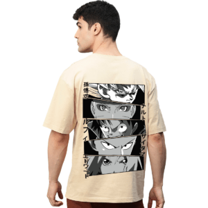 Naruto Anime Beige Printed Pure Cotton Round Neck Drop shoulder Baggy Fit Oversized Tshirt Unisex
