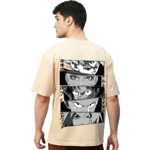 Naruto Anime Beige Printed Pure Cotton Round Neck Drop shoulder Baggy Fit Oversized Tshirt Unisex