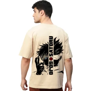 Gojo Satoru Jujutsu Kaisen Anime Beige Printed Pure Cotton Round Neck Drop shoulder Baggy Fit Oversized Tshirt Unisex