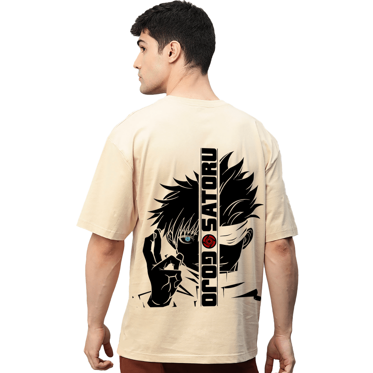 Gojo Satoru Jujutsu Kaisen Anime Beige Printed Pure Cotton Round Neck Drop shoulder Baggy Fit Oversized Tshirt Unisex