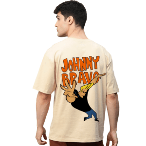 Johnny Bravo Beige Printed Pure Cotton Round Neck Drop shoulder Baggy Fit Oversized Tshirt Unisex