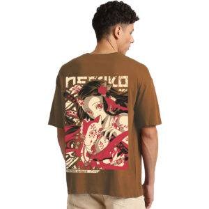 Printsflix Trendy Nezuko Kamado Demon Slayer Anime Printed Pure Cotton Round Neck Drop shoulder Brown Oversized Tshirt -Unisex