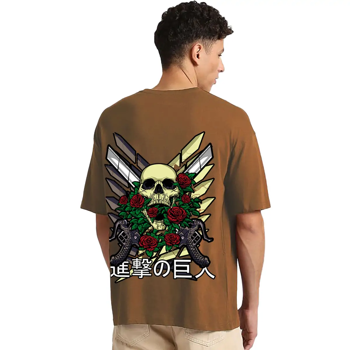 Printsflix Printed Pure Cotton Round Neck Drop shoulder Loose Fit Brown Oversized Tshirt -Unisex