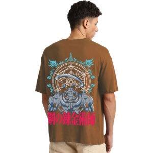 Printsflix Anime Printed Pure Cotton Round Neck Drop shoulder Loose Fit Brown Oversized Tshirt -Unisex