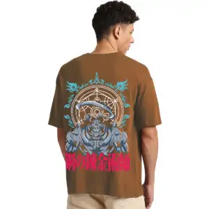 Printsflix Anime Printed Pure Cotton Round Neck Drop shoulder Loose Fit Brown Oversized Tshirt -Unisex