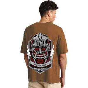 Printsflix Attack On Titan Anime Printed Pure Cotton Round Neck Drop shoulder Loose Fit Brown Oversized Tshirt -Unisex