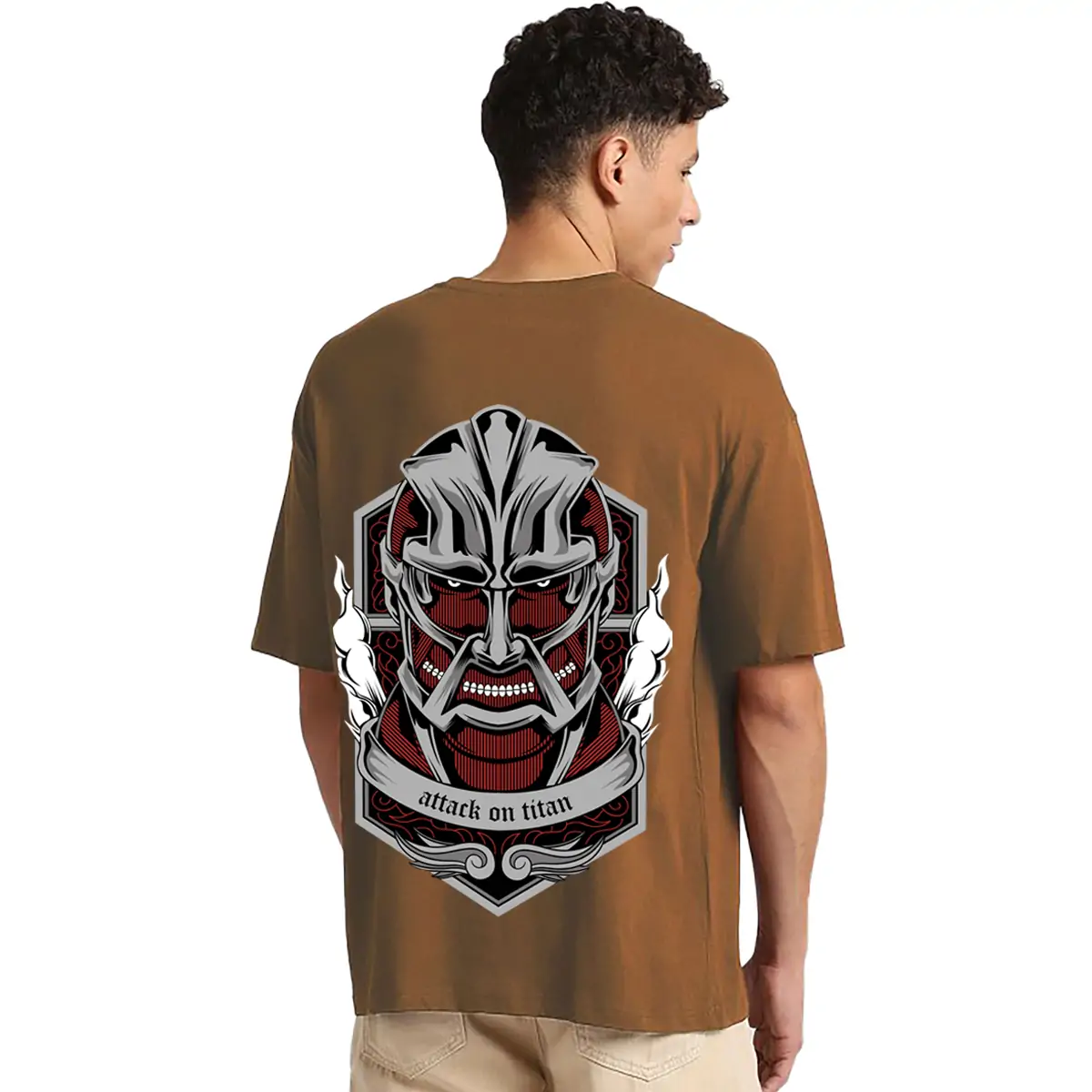 Printsflix Attack On Titan Anime Printed Pure Cotton Round Neck Drop shoulder Loose Fit Brown Oversized Tshirt -Unisex