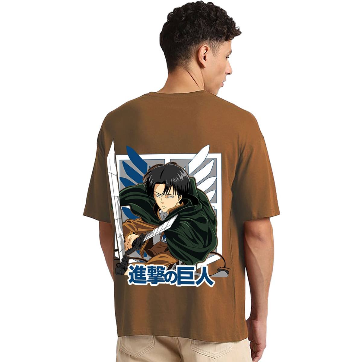 Printsflix Attack On Titan Anime Printed Pure Cotton Round Neck Drop shoulder Baggy Fit Brown Oversized Tshirt -Unisex
