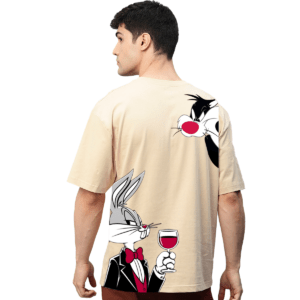 Looney Tunes Beige Printed Pure Cotton Round Neck Drop shoulder Baggy Fit Oversized Tshirt Unisex
