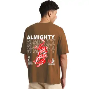 Printsflix Almighty Trendy Pure Cotton Round Neck Drop Shoulder Loose Fit Brown Oversized Tshirt -Men/Women/kids/Adults