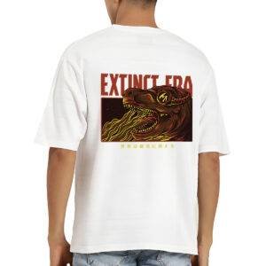 Printsflix Extinct Era Trendy Pure Cotton Round Neck Drop Shoulder Loose Fit White Oversized Tshirt -Unisex