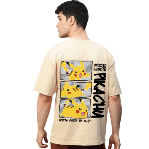 Pikachu Pokemon Printed Pure Cotton Round Neck Drop shoulder Baggy Fit Oversized Tshirt Unisex