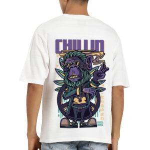 Printsflix Chillin Printed Pure Cotton Round Neck Drop Shoulder Loose Fit White Oversized Tshirt -Unisex