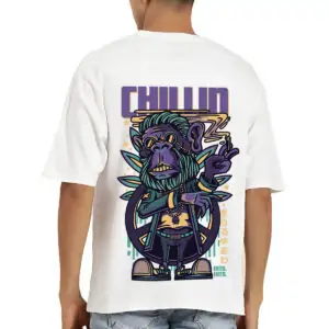 Printsflix Chillin Printed Pure Cotton Round Neck Drop Shoulder Loose Fit White Oversized Tshirt -Unisex
