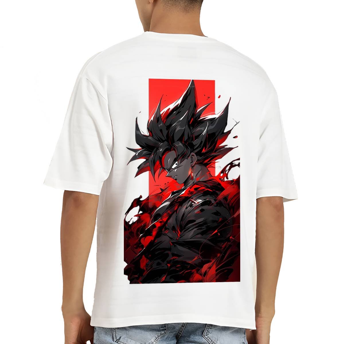 Printsflix Dragon Ball Z Printed Pure Cotton Round Neck Drop Shoulder Baggy Fit White Oversized Tshirt -Unisex
