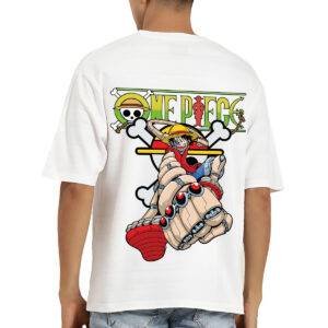 Printsflix One Piece Anime Printed Pure Cotton Round Neck Drop Shoulder Baggy Fit White Oversized Tshirt -Unisex