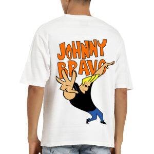 Printsflix Johnny Bravo Printed Pure Cotton Round Neck Drop Shoulder Baggy Fit White Oversized Tshirt -Unisex