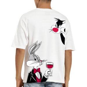 Printsflix Looney Tunes Printed Pure Cotton Round Neck Drop Shoulder Baggy Fit White Oversized Tshirt -Unisex