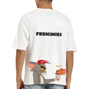 Printsflix Tom and Jerry Frenimies Printed Pure Cotton Round Neck Drop Shoulder Baggy Fit White Oversized Tshirt -Unisex