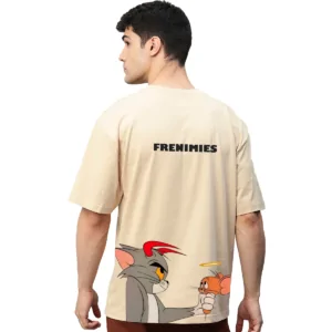 Tom and Jerry Frenimies Printed Pure Cotton Round Neck Drop shoulder Baggy Fit Oversized Tshirt Unisex