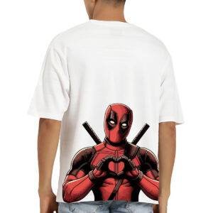 Printsflix Deadpool Printed Pure Cotton Round Neck Drop Shoulder Baggy Fit White Oversized Tshirt -Unisex