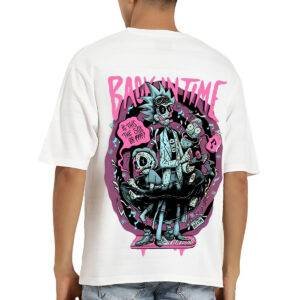 Printsflix Rick And Morty Printed Pure Cotton Round Neck Drop Shoulder Baggy Fit White Oversized Tshirt -Unisex