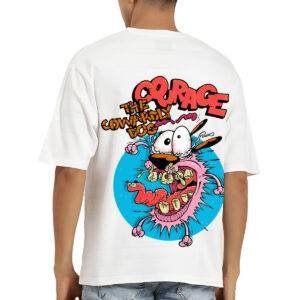 Printsflix Courage The Cowardly Dog Printed Pure Cotton Round Neck Drop Shoulder Baggy Fit White Oversized Tshirt -Unisex