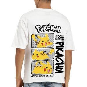 Printsflix Pikachu Printed Pure Cotton Round Neck Drop Shoulder Baggy Fit White Oversized Tshirt -Unisex