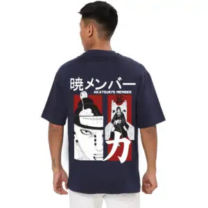 Printsflix Akatsukis Member Anime Printed Pure Cotton Round Neck Drop Shoulder Baggy Fit Dark Blue Oversized Tshirt -Unisex