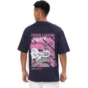 Printsflix Itadori x Sakuna Anime Printed Pure Cotton Round Neck Drop Shoulder Baggy Fit Dark Blue Oversized Tshirt -Unisex