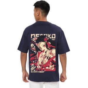 Printsflix Trendy Nezuko Kamado Demon Slayer Anime Printed Pure Cotton Round Neck Drop shoulder Dark Blue Oversized Tshirt -Unisex