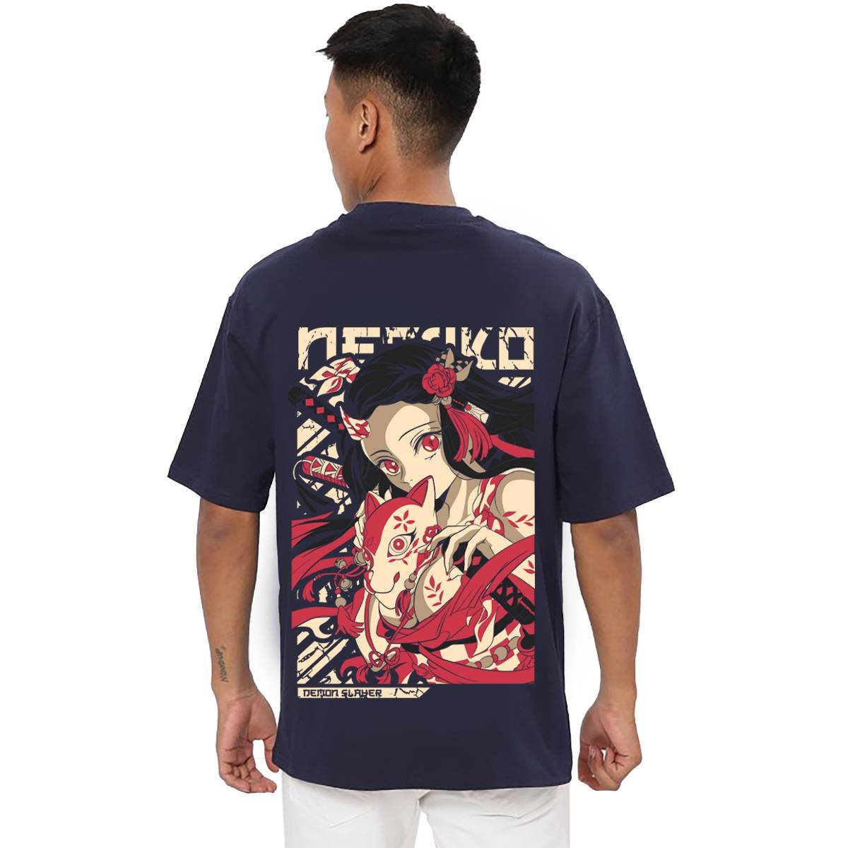 Printsflix Trendy Nezuko Kamado Demon Slayer Anime Printed Pure Cotton Round Neck Drop shoulder Dark Blue Oversized Tshirt -Unisex