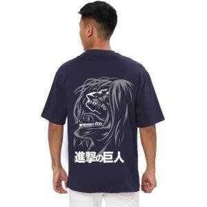 Printsflix Trendy Attack on Titan Anime Printed Pure Cotton Round Neck Drop shoulder loose fit Dark Blue Oversized Tshirt -Unisex