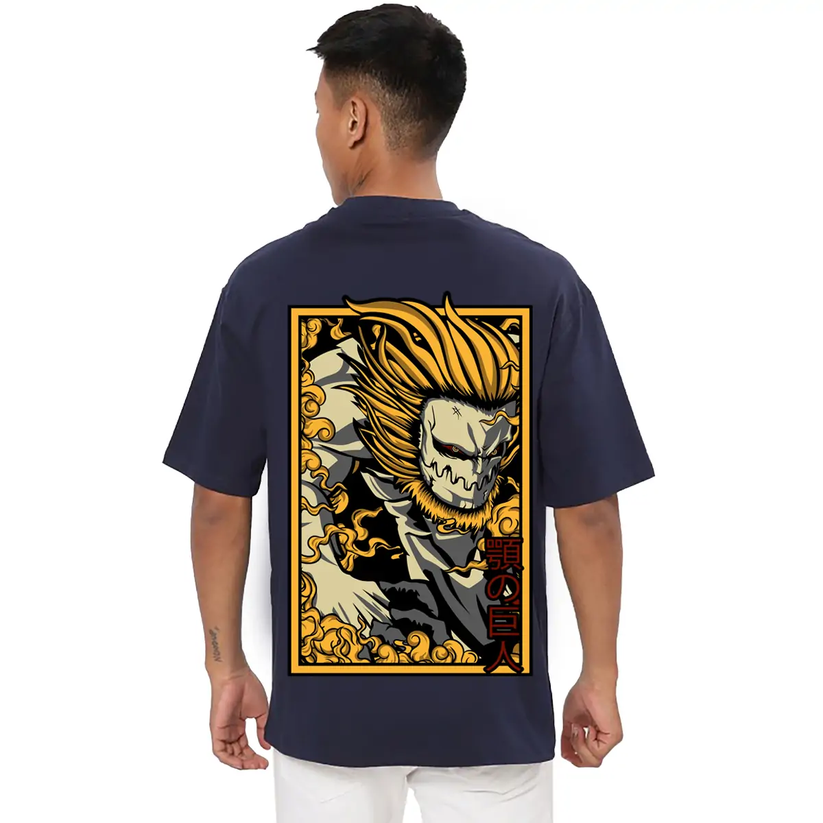 Printsflix Trendy Anime Printed Pure Cotton Round Neck Drop shoulder baggy fit Dark Blue Oversized Tshirt -Unisex