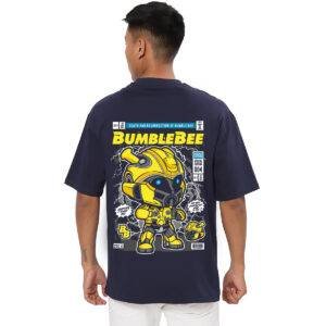 Printsflix Transformers Bumblebee Printed Pure Cotton Round Neck Drop shoulder Dark Blue Oversized Tshirt -Unisex
