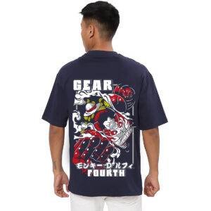 Printsflix Gear Fourth Anime Vibrant Graphic Print Pure Cotton Round Neck Drop shoulder Dark Blue Oversized Tshirt -Unisex