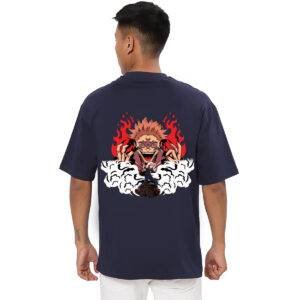 Printsflix Sukuna Jujutsu Kaisen Anime Print Pure Cotton Round Neck Drop shoulder Dark Blue Oversized Tshirt -Unisex