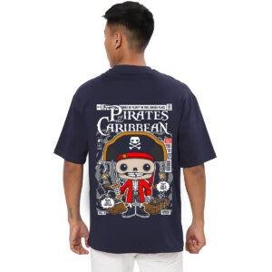 Printsflix Pirates Of the Carribian Print Pure Cotton Round Neck Drop shoulder Dark Blue Oversized Tshirt -Unisex