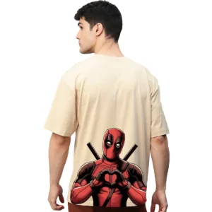 Deadpool Beige Printed Pure Cotton Round Neck Drop shoulder Baggy Fit Oversized Tshirt Unisex