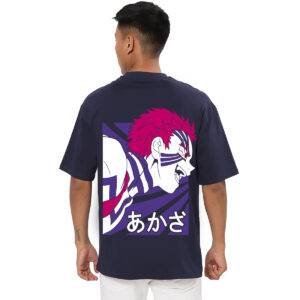 Printsflix Demon Slayer Anime Print Pure Cotton Round Neck Drop shoulder Dark Blue Oversized Tshirt -Unisex