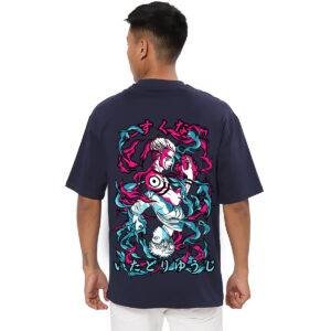 Printsflix Trendy Jujutsu Kaisen Anime Print Pure Cotton Round Neck Drop shoulder Dark Blue Oversized Tshirt -Unisex