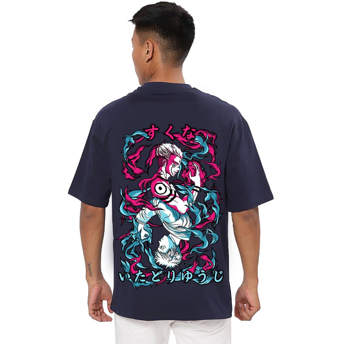 Printsflix Trendy Jujutsu Kaisen Anime Print Pure Cotton Round Neck Drop shoulder Dark Blue Oversized Tshirt -Unisex