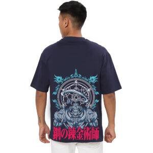 Printsflix Trendy Fullmetal Alchemist Anime Print Pure Cotton Round Neck Drop shoulder Dark Blue Oversized Tshirt -Unisex