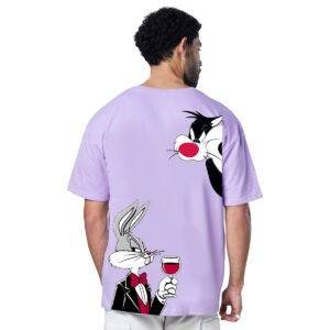 Printsflix Looney Tunes Drop Shoulder Pure Cotton Round Neck Lavender Oversized Tshirt -Unisex
